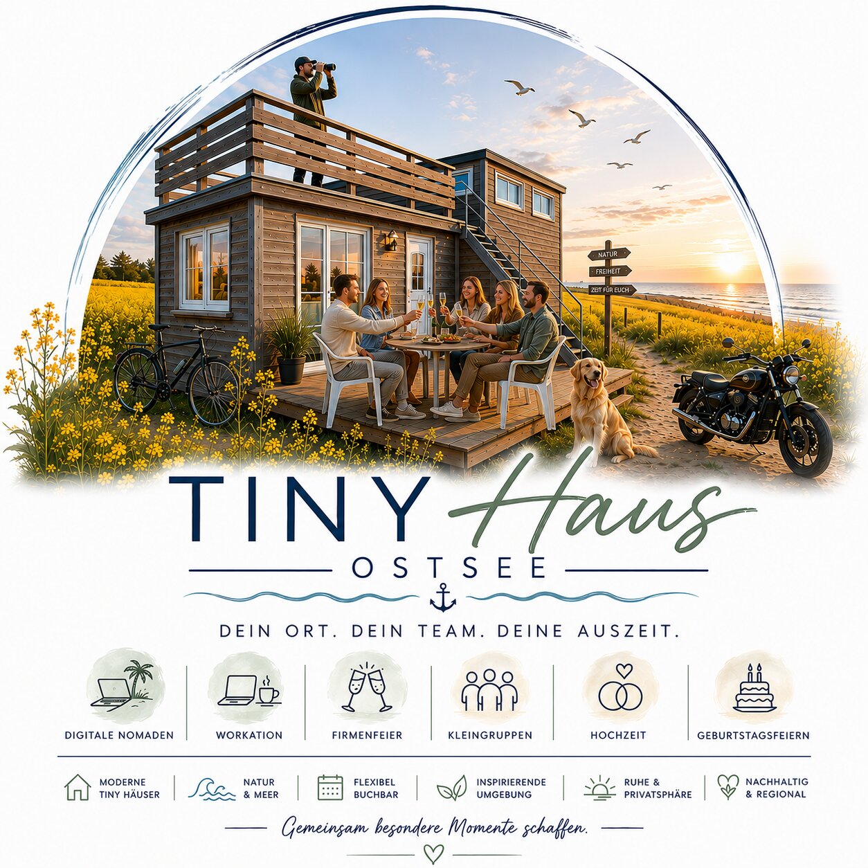 Geburtstag feiern Tiny House Ostsee – Freunde feiern zusammen am Bodden