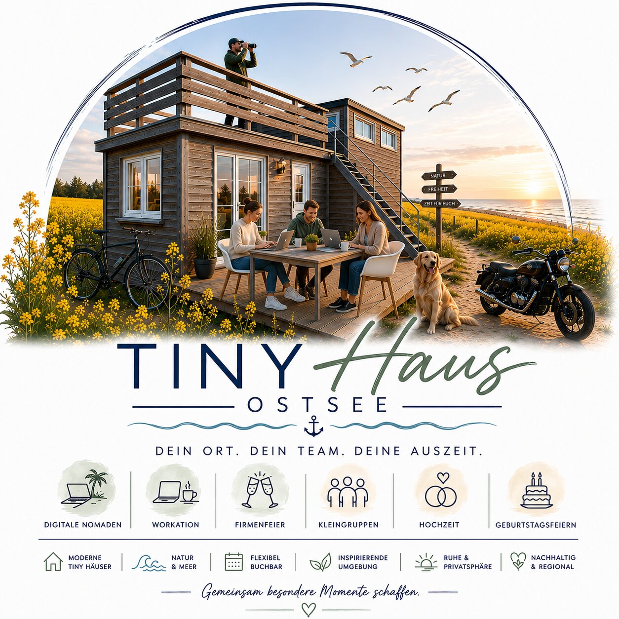 Workation Tiny House Ostsee – Team arbeitet auf Terrasse am Barther Bodden