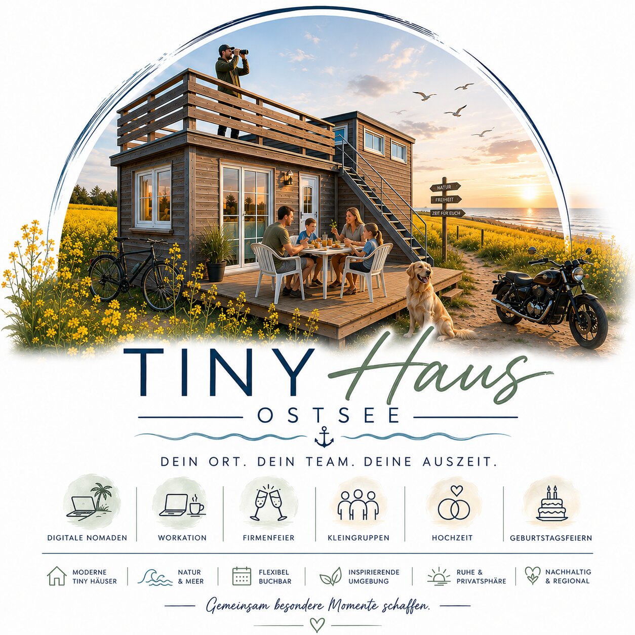 Familienurlaub Tiny House Ostsee – Familie mit Hund auf Terrasse am Bodden