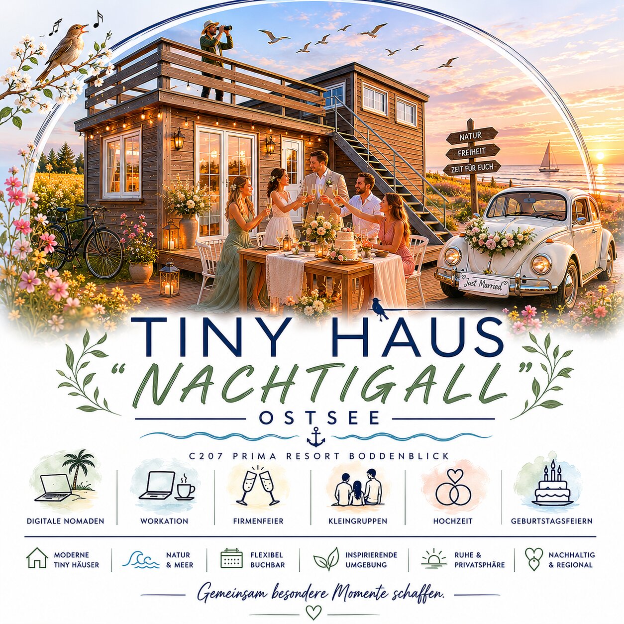Hochzeit Tiny House Ostsee – Brautpaar feiert auf Terrasse am Barther Bodden