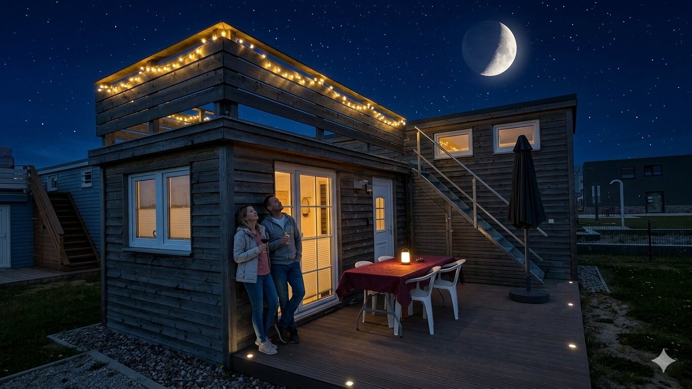 Tiny House Nachtigall Ostsee bei Nacht – romantische Lichterketten auf Terrasse