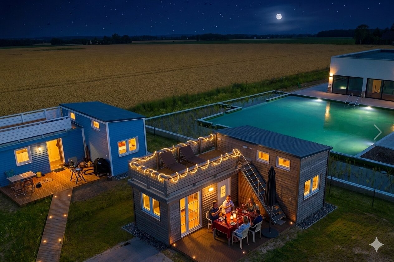 Tiny House Ostsee Luftaufnahme Nacht – Terrasse mit Lichterketten und Naturpool