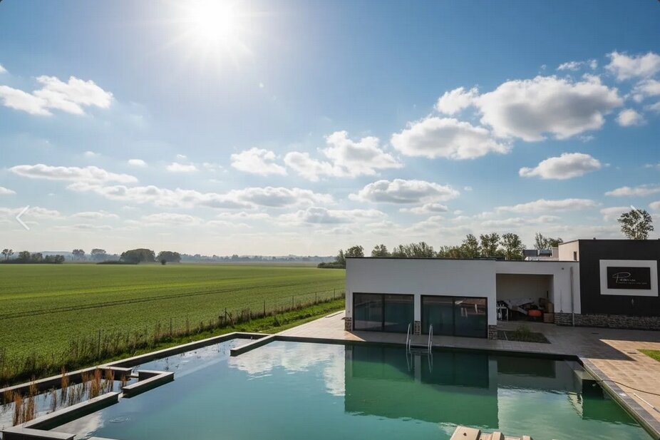 Tiny House Nachtigall Ostsee – Außenansicht Terrasse mit Pool im Hintergrund
