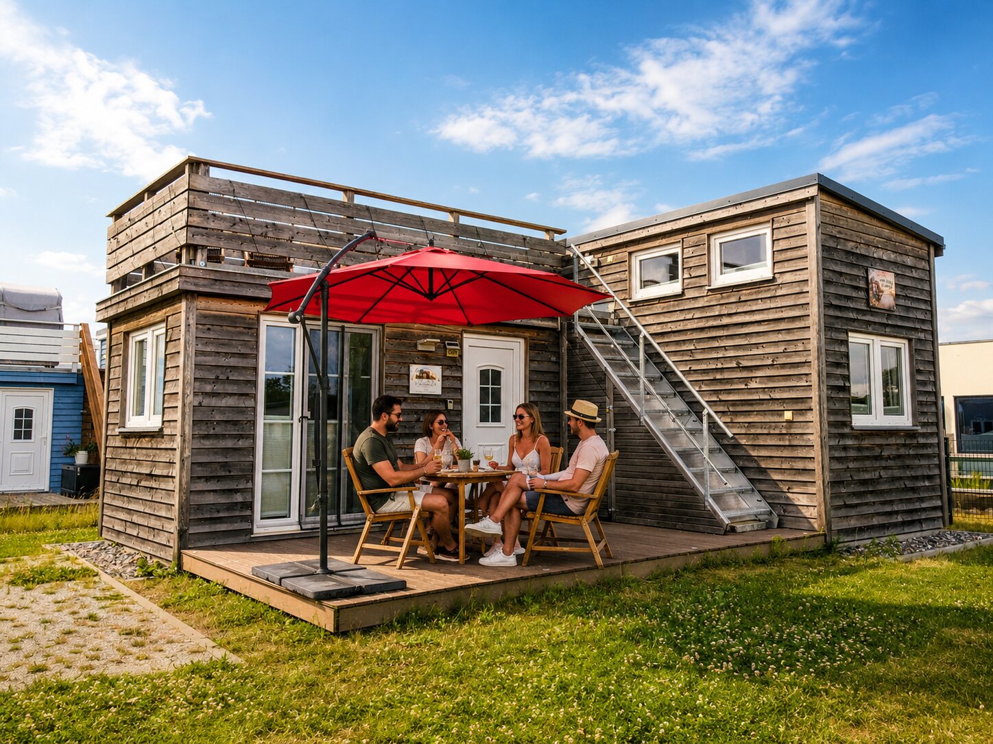 Tiny House Nachtigall Ostsee – Außenansicht mit Dachterrasse und Terrasse