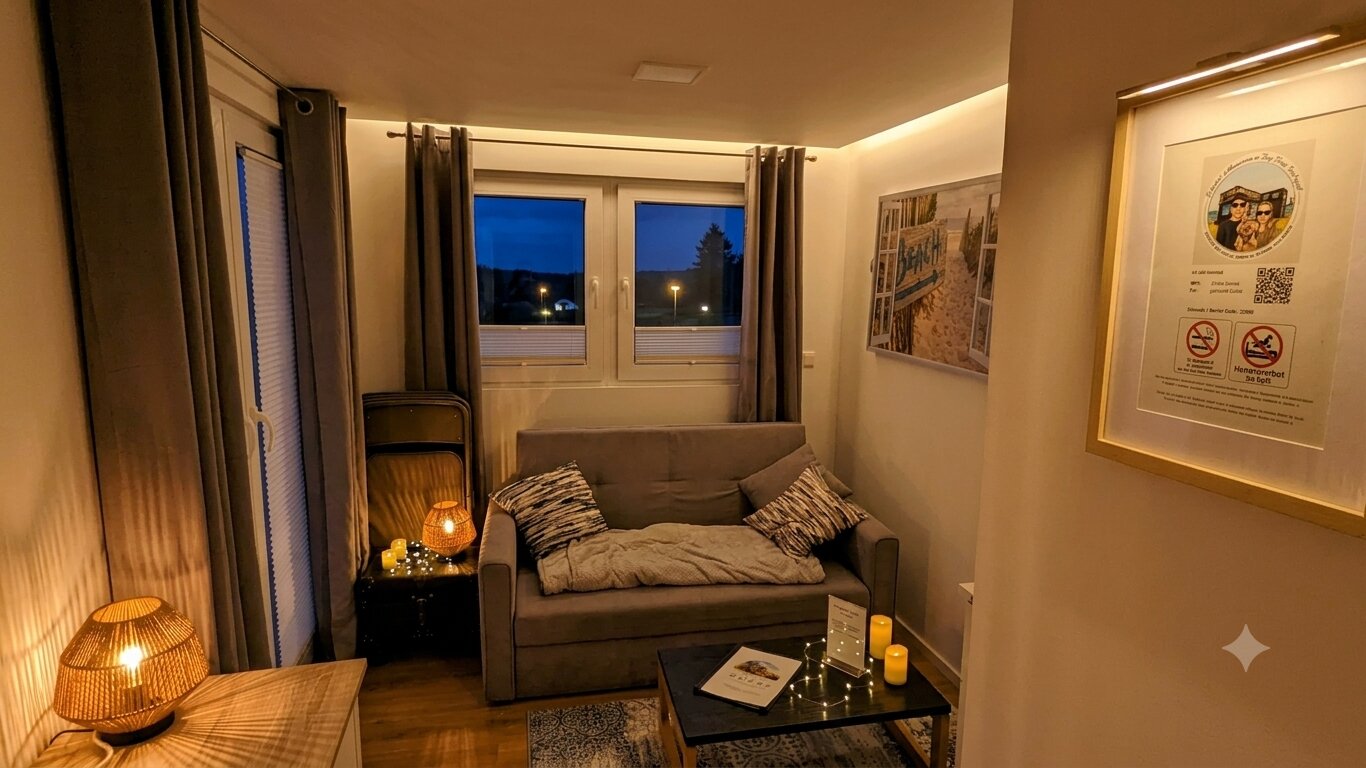 Wohnzimmer Tiny House Nachtigall Ostsee – heller Wohnbereich mit Couch und Schreibtisch